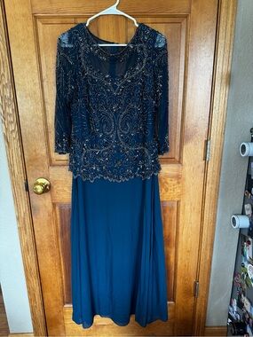 Pisarro Nights Navy Blue Beaded Long Sleeve Evening Gown